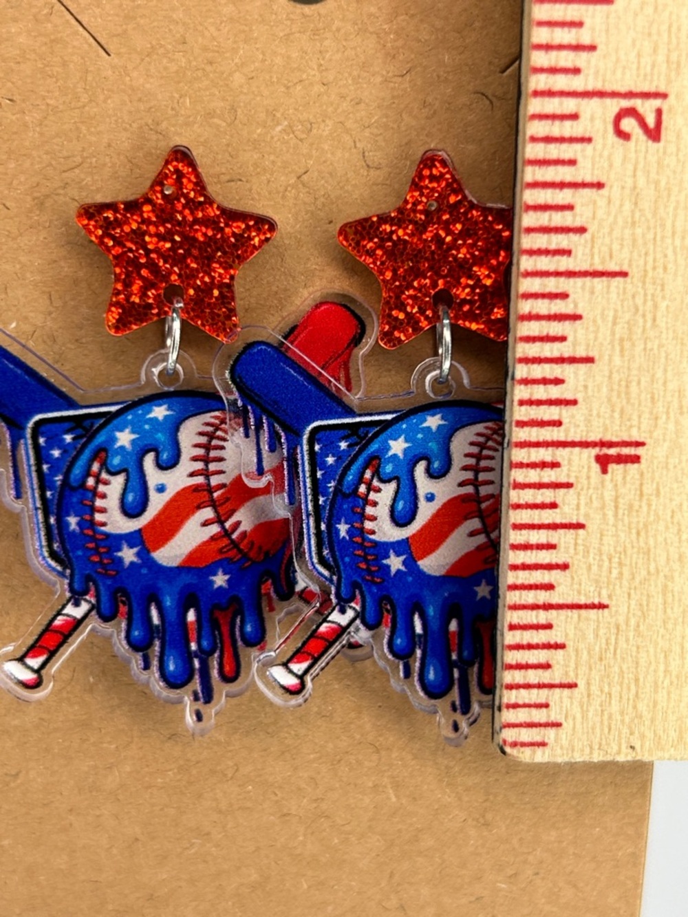 Patriotic Red and Blue Star Baseball Earrings Stud Fashion Jewelry - Picture 3 of 4